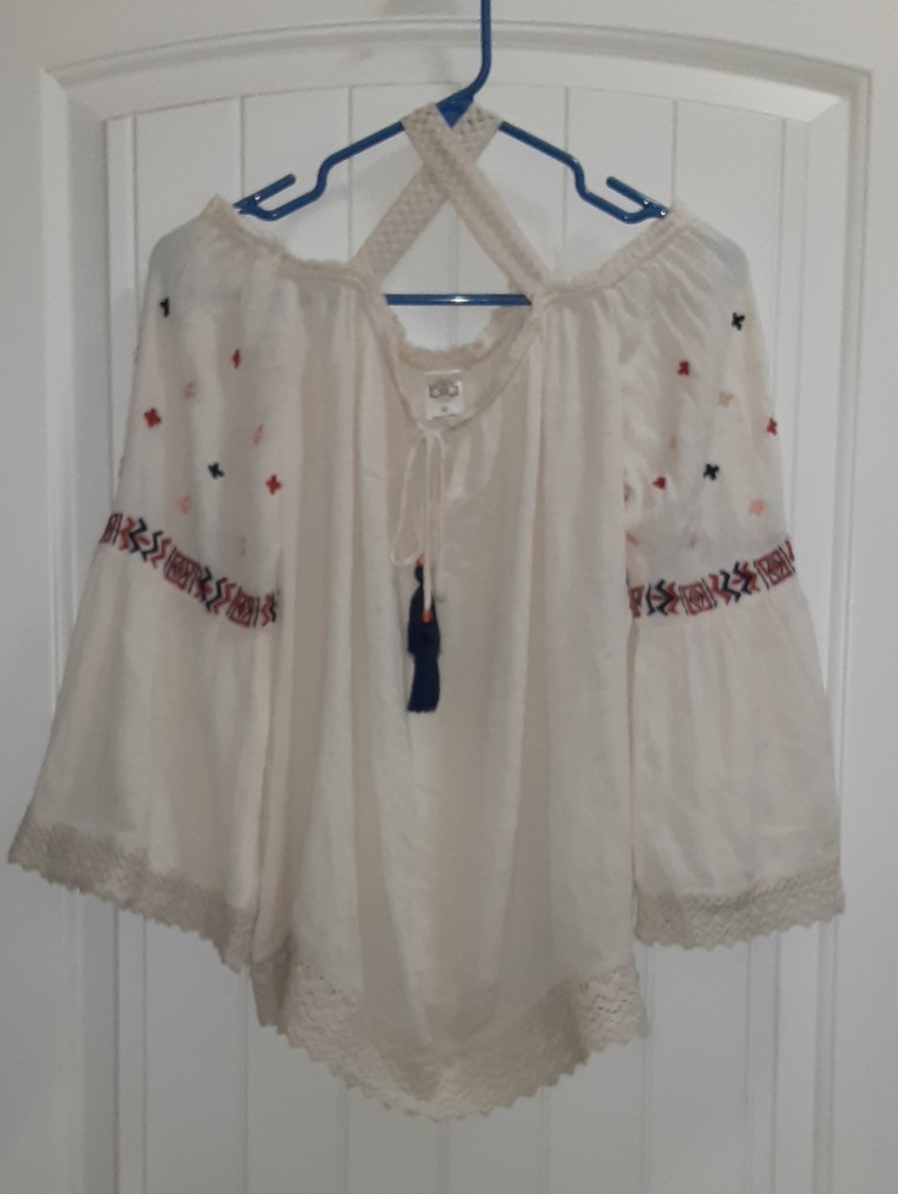 Bila Hippie Boho Cold Shoulder Embroidered Blouse Top Ivory Crochet Lace Size M